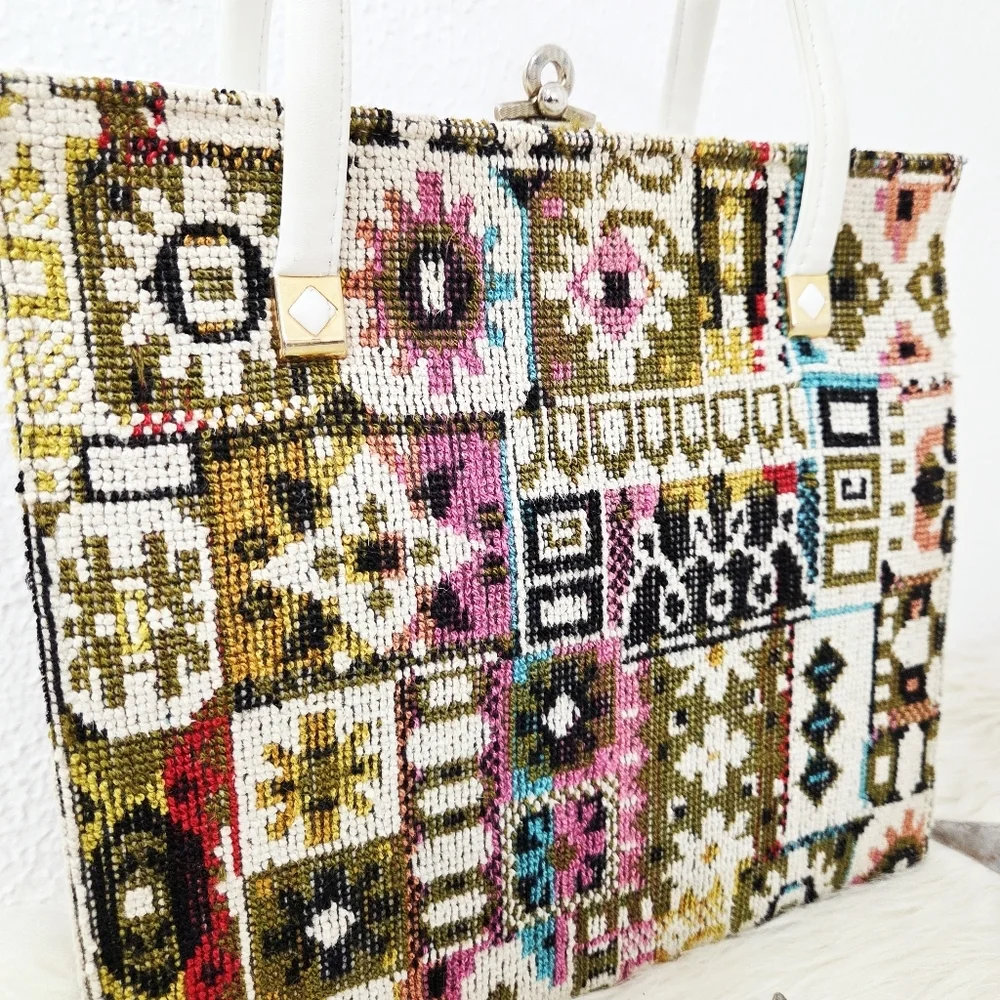 Vintage Tapestry Satchel Bag Rainbow Geometric Boho White Leather Kisslock Frame